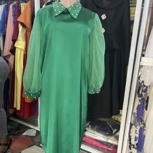 Solid Dark Green, Long-Sleeved Midi Dress featuring Lantern sleeves, a collared neckline, and a structured silhouette. (Free size)