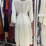 White, Long-Sleeved, tiered Maxi Dress featuring a fitted waist and flared cuffs. (Free Size)