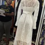 CHICEVER Elegant Solid Hollow Out Dresses for Women V Neck Long Sleeve High Waist Spliced Belt Embroidery Long Dress Female New