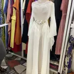 White Moroccan Kaftan (Abaya Gown) Lace details and flowy sleeves. (Free Size)