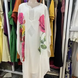 White Kaftan-Style Gown with Large Floral Prints