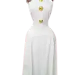 A-line Silhouette and three large yellow floral or button-like embellishments down the center.