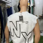 Sleeveless Light Gray Graphic Muscle Shirt with Large Black and White "NY" Lettering.