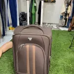 Soft-Shell Brown Trolley Suitcase with Two Vertical Stripes on the Front