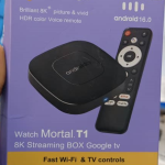 Mortal T1 Android TV Box, a media streaming player that runs on the Android operating system and supports voice control via Google Assistant.