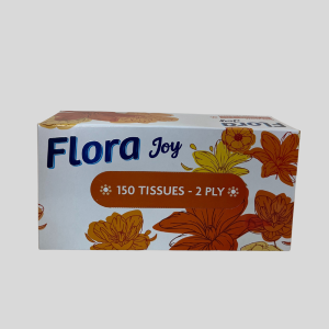 Flora Joy Facial Tissue box, 150 2-ply tissues.