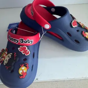 navy blue and red kids' clogs