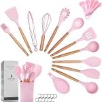 Pink and Wooden Handled Silicone Kitchen Utensil Set