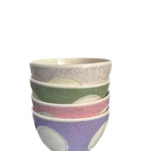 A set of speckled ceramic mixing or serving bowls.