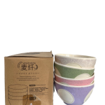 A set of speckled ceramic mixing or serving bowls.