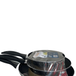 T-fal non-stick 3-piece fry pan set, packaged in plastic. This set typically includes three different sizes for versatility in cooking, such as 8-inch, 9.5-inch, and 11-