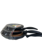 T-fal non-stick 3-piece fry pan set, packaged in plastic. This set typically includes three different sizes for versatility in cooking, such as 8-inch, 9.5-inch, and 11-